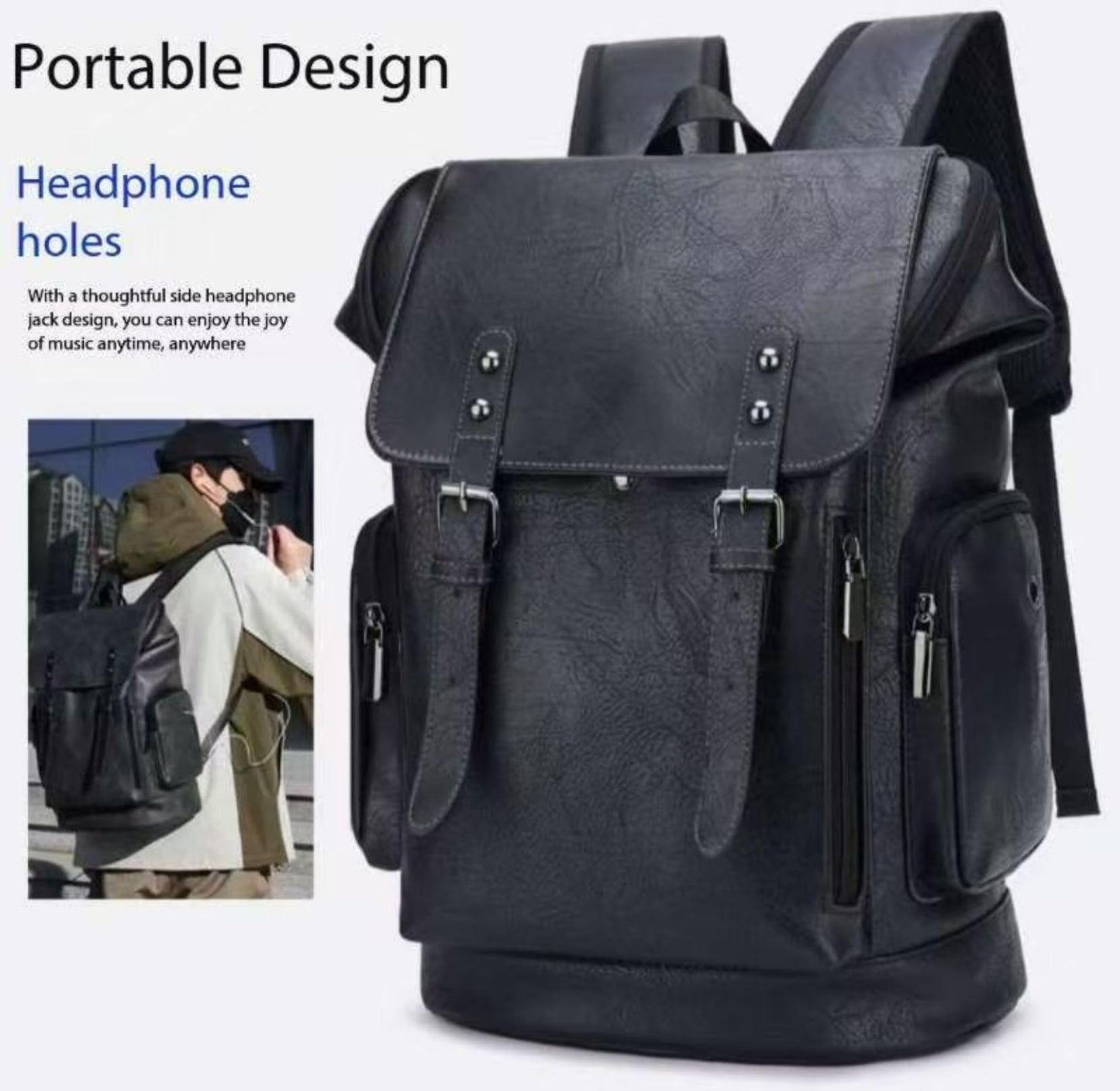 CYLYWJD Men's PU leather backpack, Vintage Flap Cover Daypack for Work Travel College, 15 Inch Laptop Rucksack (black3,Backpack)