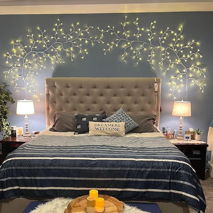 Enchanted Willow Vine Lights with Remote, Christmas Swags Decorations Indoor Room Decor, 18 Branches 144 LEDs Lighted Willow Vine Lights for Walls Bedroom Home Decor, White Branch