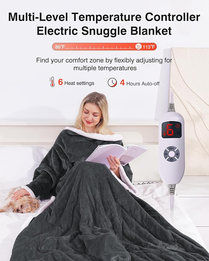 Wearable Heated Blanket with Sleeves, Electric Heated Blanket for Gifts, Electric Throw Wrap Poncho Shawl with Pockets, 6 Heating Levels & 4 Hours Time Settings, 50 x 70 Inch (Grey)