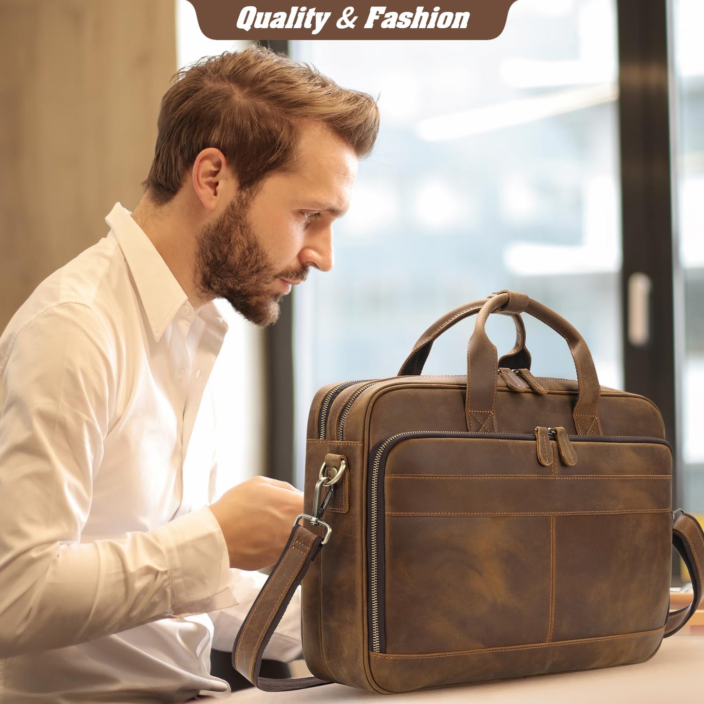 Jack&Chris Full Grain Leather Briefcase for Men,Business Messenger Bag Laptop Bag Attache Case 15.6"