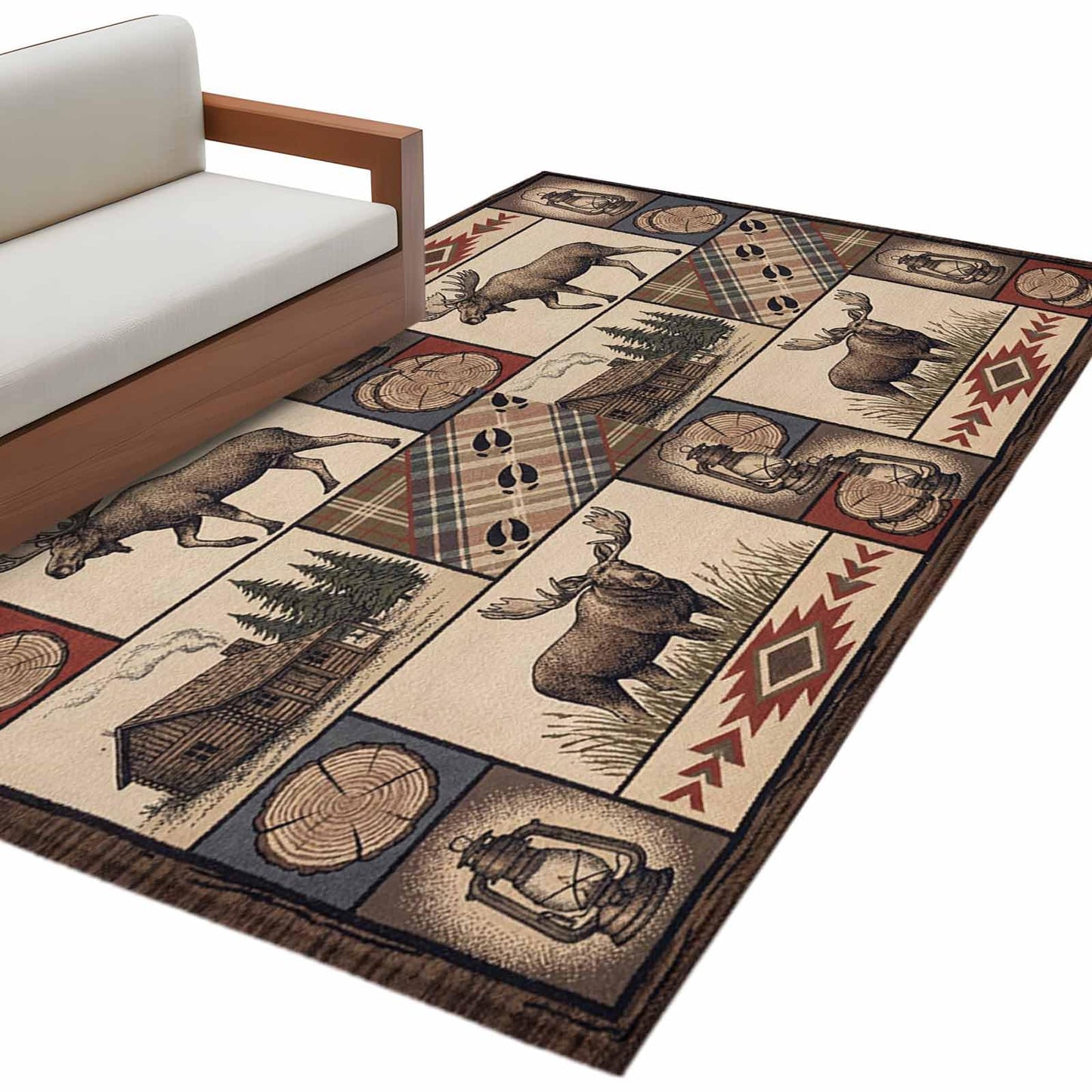 Country Style Washable Rug 4x6 Farm Buck Wooden House Aztec Plaid Patchwork Area Rugs for Living Room Non Slip Non Shedding Floor Carpet Low-Pile Rug for Kitchen Bedroom Entryway Office
