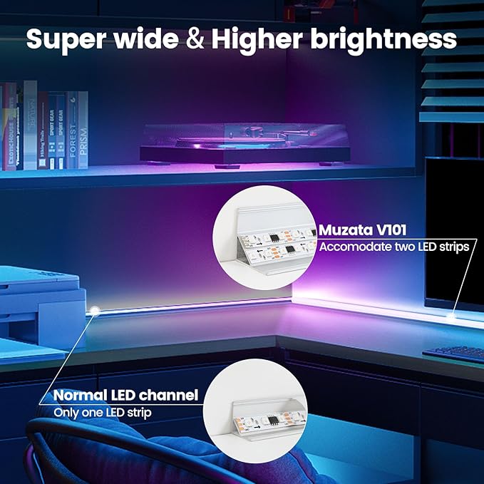 Muzata 10Pack 3.3FT/1M Plus-Size Spotless V Shape LED Channel Silver Aluminum LED Diffuser Channel with Milky White Cover V101 WW 1M