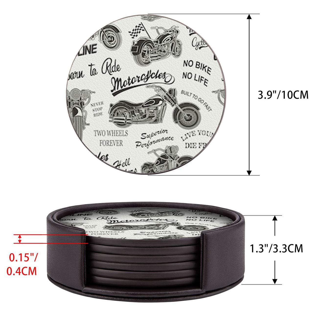 Set of 6 Round Leather Coasters with Holder for Bar, Drinks, Coffee (Motorcycle Silhouette Pattern)
