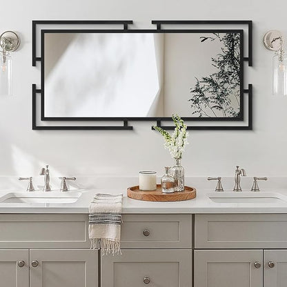 Large Mirror Wall Decor, 46.5"x23" Black Mirror with Metal Frame for Bedroom, Living Room, Tempered Mirrors for Bathroom, Horizontal/Vertical