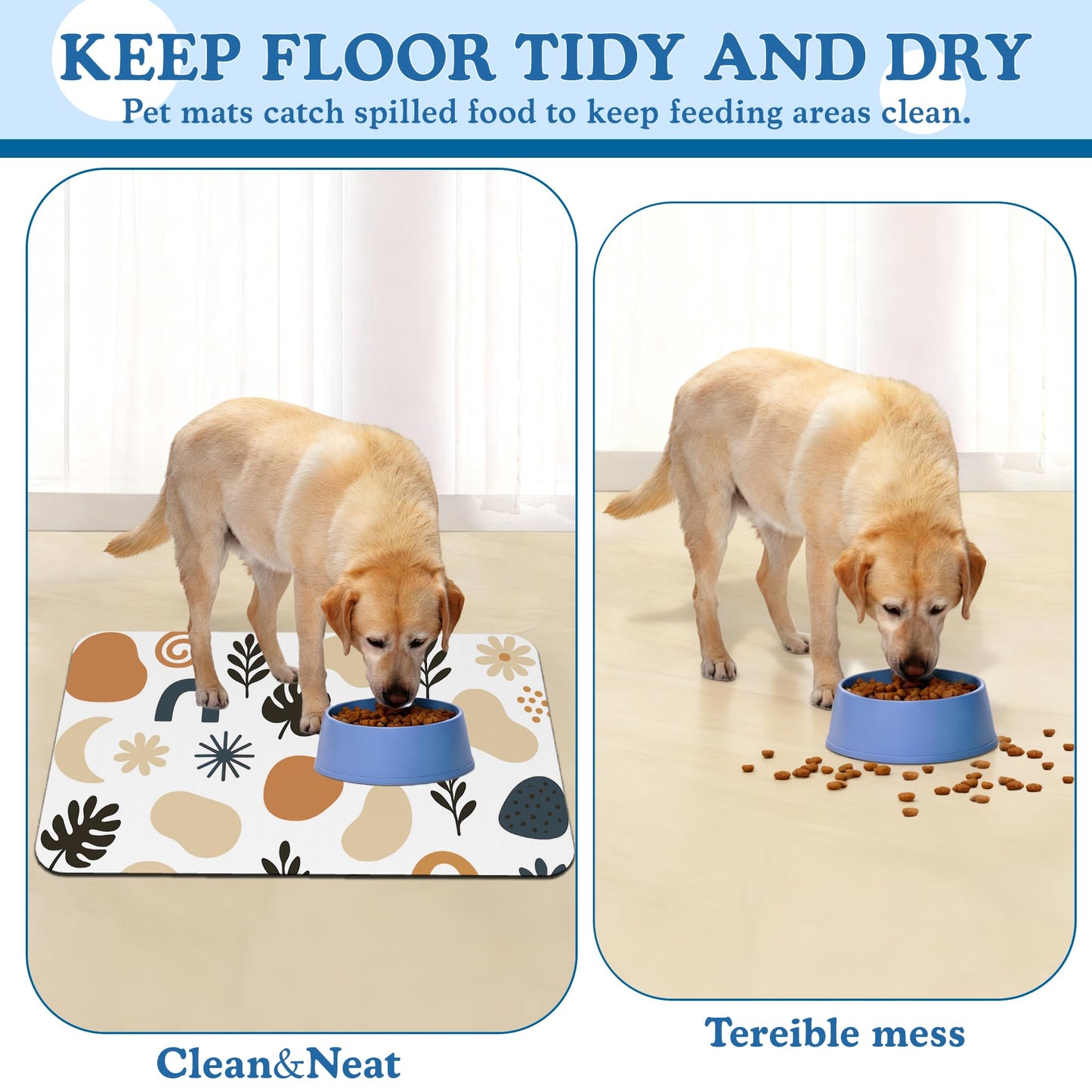 Boho Style Dog Food Mat–Absorbent Quick Dry Feeding Placemat for Food and Water Bowls, Non Slip Rubber Backing, Waterproof Pet Supplies for Mess-Free Eating 12"x20"