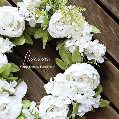 Floroom Floral Wreath, Artificial White Peony Wreath, 15"-16" Front Door Decorations Wall Decor