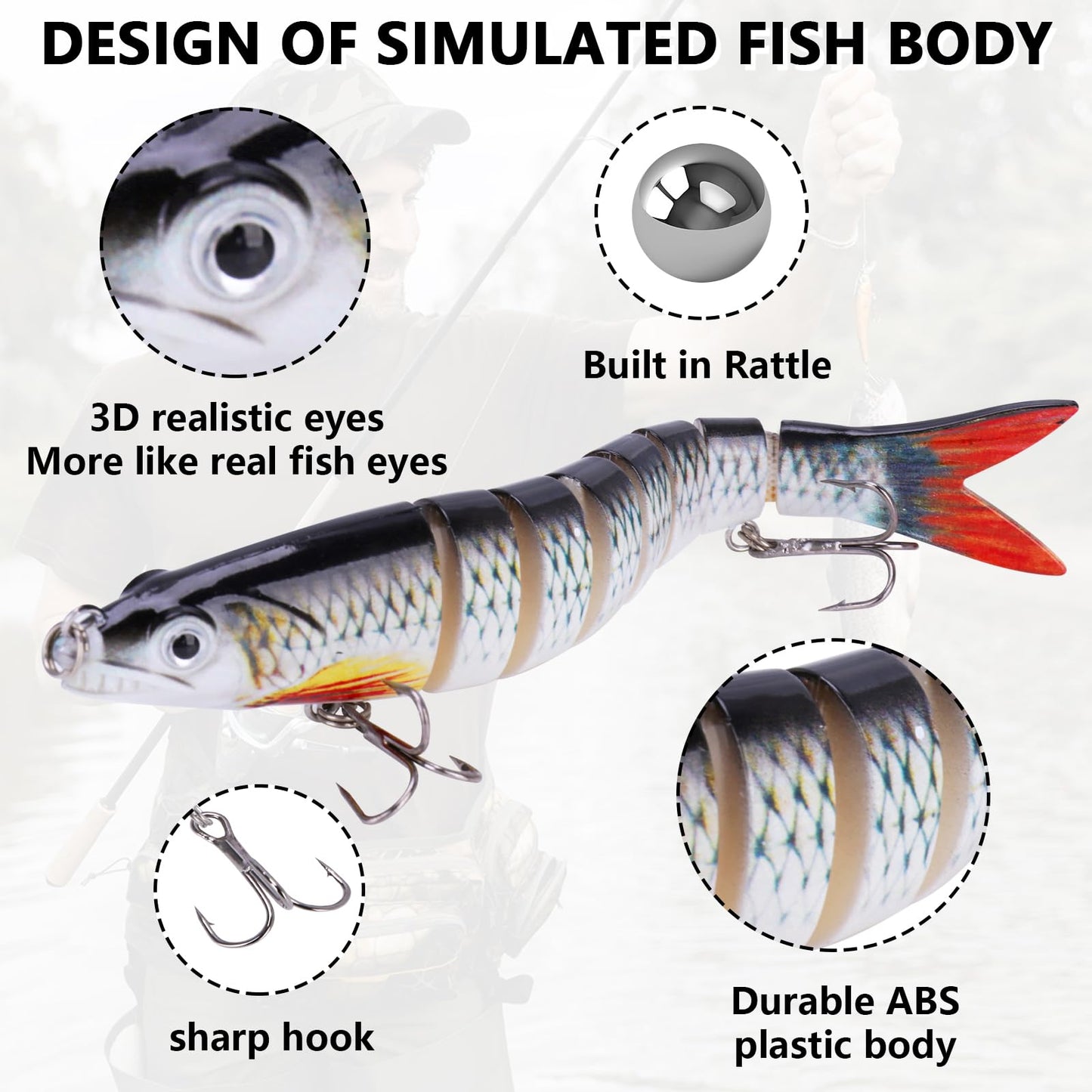 6PCS Swimbait Kit Realistic Bait and Surface Bait with Realistic 3D fisheye and Multi Joint Swimming Movements, Perfect for Saltwater and Freshwater Fishing Kits (A-6PCS)