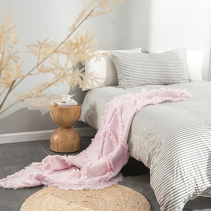 Ultra Soft Pre-Washed Quilted Boho Pink Twin Size Blankets for Bed, Ruffle Fringed Decorative Throw, Stone Washed Chic Rustic Blanket for Sofa Couch Bed, 60"*80"