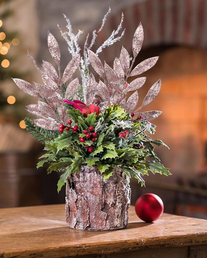 DILATATA 6Pcs Christmas Glitter Leaves Bay Leaves Spray 24" Artificial Rose Gold Bay Leaf Picks Sprays Giltter Stems for Christmas Tree DIY Xmas Wreath Garland Home Decor - Rose Gold