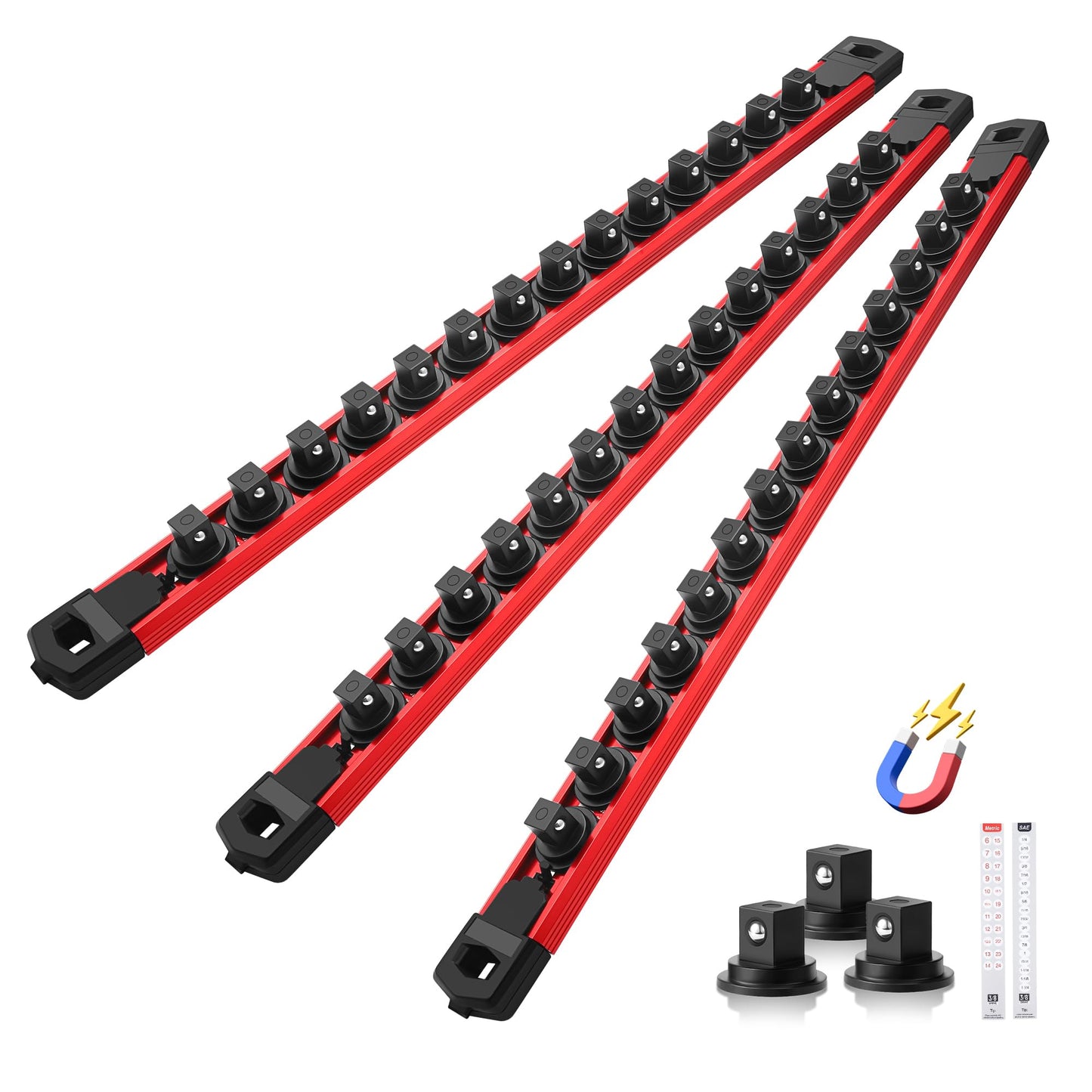 Reniteco Magnetic Socket Organizer Set, 3PC 3/8-Inch Drive Aluminum Alloy Socket Rail, Heavy Duty Magnetic Socket Holder for Tool Box Drawer, 360° Swivel Socket Rack, 3/8" x 42 Clips, Red