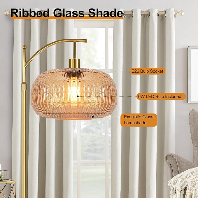 Glass Floor Lamp for Living Room,Bedroom,Gold Mid Century Modern Standing Lamp with Remote,Dimmable Brass Tall Lamp Amber Lamp Vintage Retro Arc Floor Lamps Floor Light Boho Bohemian