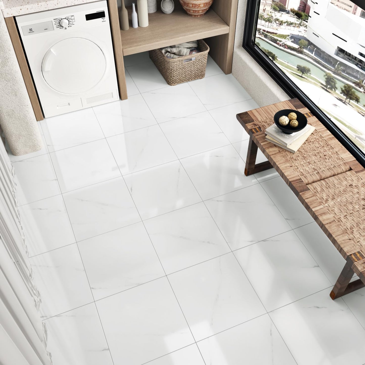 Wallercity 18PCS Glossy Marble White Peel and Stick Floor Tile Self Adhesive Bathroom Waterproof Stick on Floor Tile 12x12 Inch Sticky Tiles for Bedroom Living Room Kitchen Linoleum Flooring Sheets