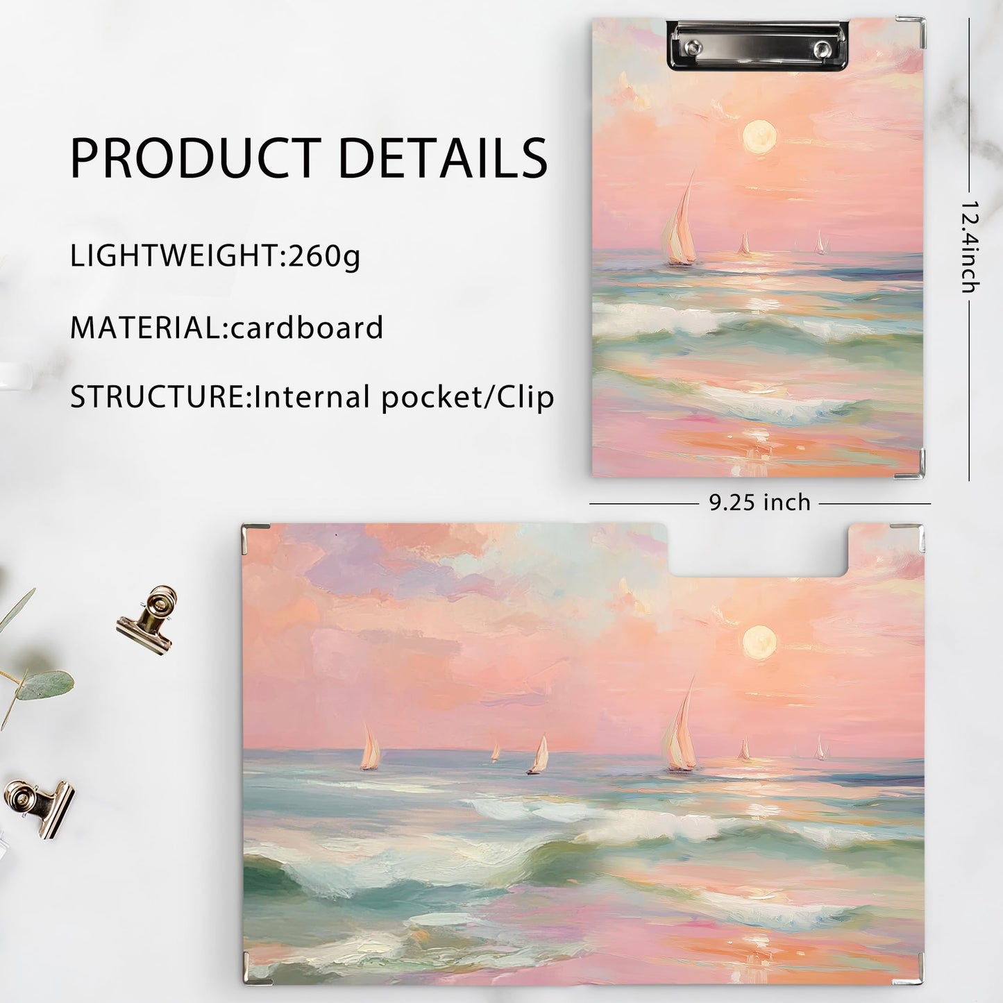 KU-DaYi Pink Coastal Beach Clipboard Padfolio with Storage Pocket, Beach Gifts for Women, Pastel Coastal Beachy Sailboat Low Profile Clip Boards for Nurse Office Classroom, 12.4 x 9.25 in