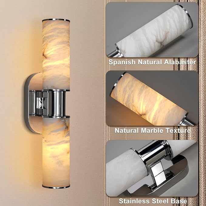 22.2" Alabaster Wall Sconce Set of 2, Brass Bathroom Wall Sconce, Spanish Natural Marble Sconces Modern Wall Lights Lamps for Bedroom Living Room Stairs Indoor Hallway Vanity, Nickel