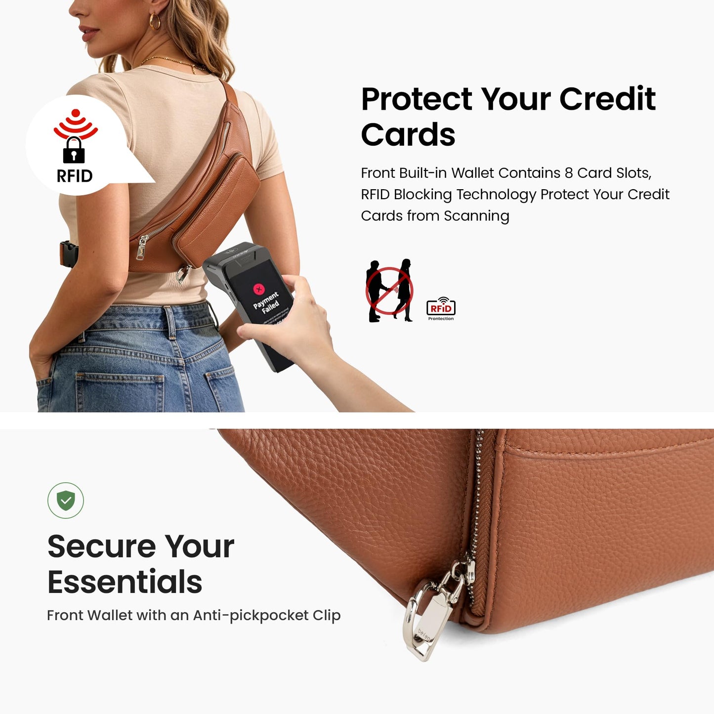 befen Real Leather Anti Theft Fanny Pack Waist Bag for Women, Womens Leather Crossbody Bags Belt Bag Purse with Built in RFID Wallet Cognac Brown