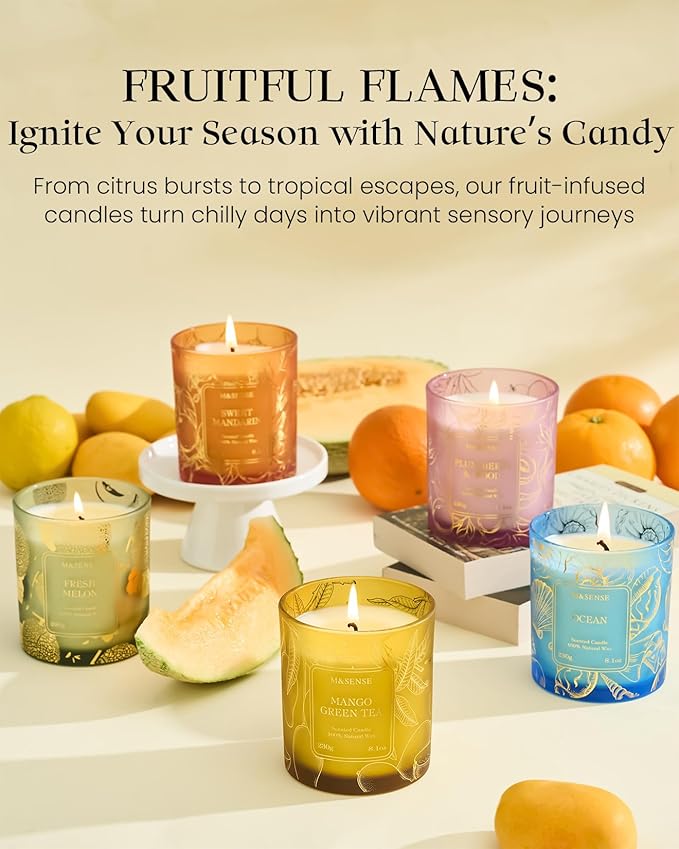 M&SENSE Fresh Melon Wooden Scented Soy Candles - Vegan, Naturally Scented, No Toxin Relaxing Candles for Stress Relief, 8.1oz 42-Hour Burn Time, Fall Winter Thanksgiving Christmas Housewarming Gift