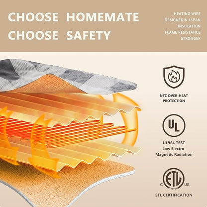 Homemate Electric Blanket Heated Throw - 50“x60“ Ultra Soft Cozy Flannel Heating Blanket with 10 Fast Heat Levels 8 Hours Auto Off Over-Heated Protection ETL Certification Keep Warm in Home Office