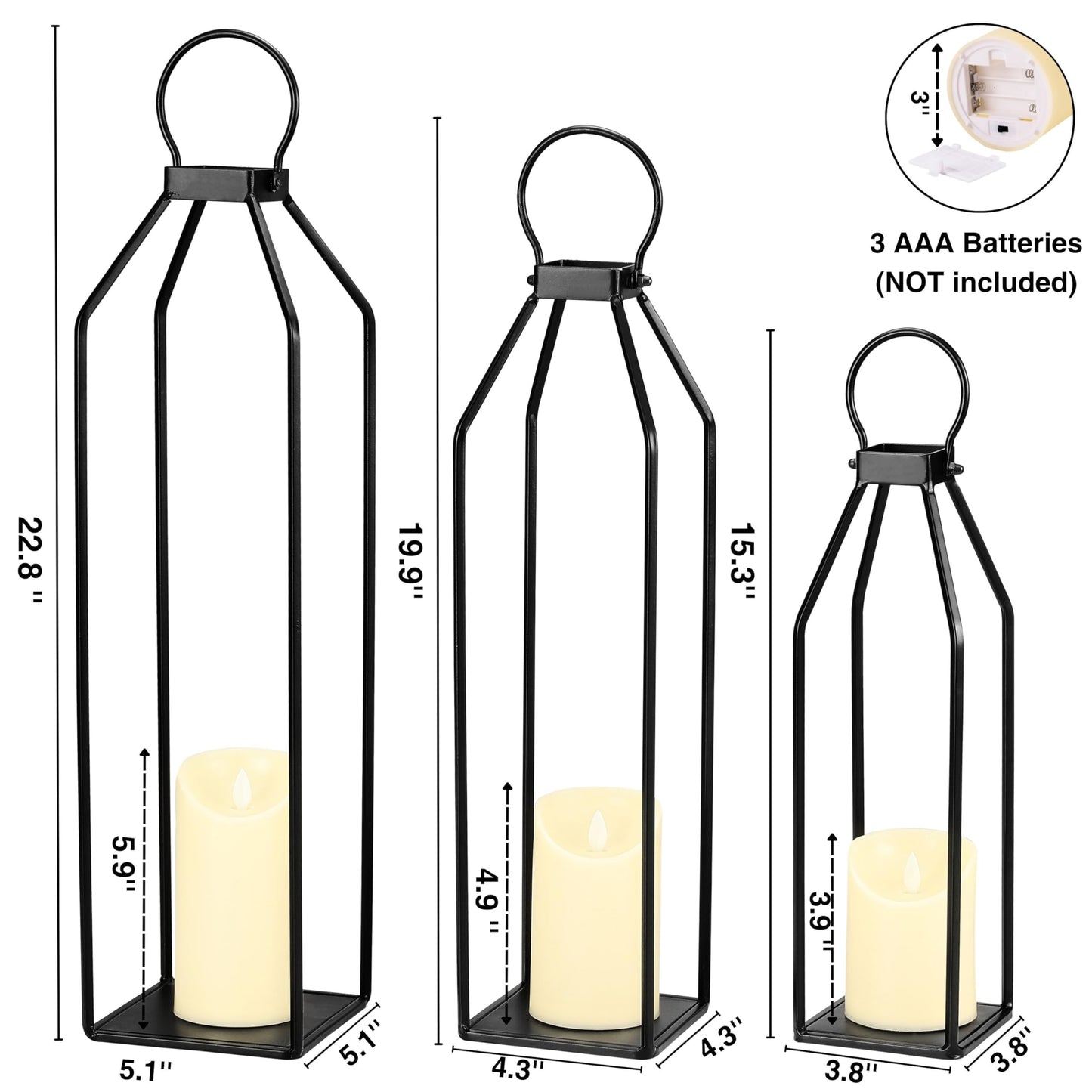 Perfnique Modern Farmhouse Lanterns, Set of 3 Black Metal Lanterns w/ 6hr Timer Flickering Flameless Candles, Decorative for Outdoor Decor, Front Porch, Indoor, Patio, Garden, Fireplace, Christmas