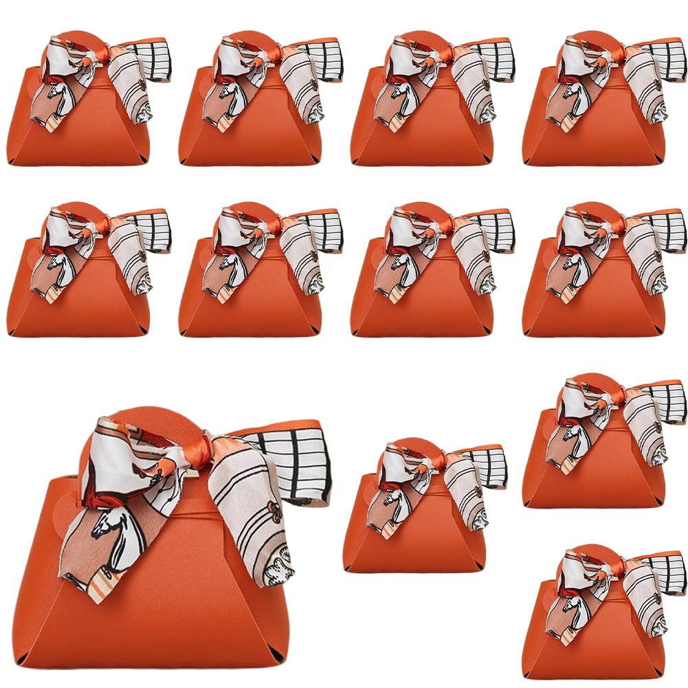 CALFOVERA 12 Pack Leather Purse Ribbon Candy Bags Orange PU Wedding Gift Treat Bags with Handle Ribbon Reusable Party Favor Boxes for Weddings Birthdays Christmas Halloween Party Decoration