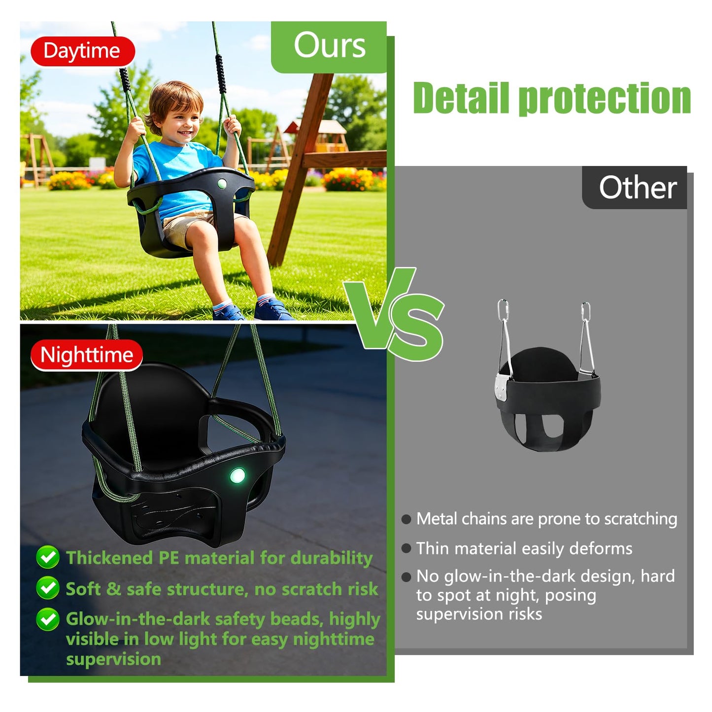 Dakzou Jungle Gym High Back Full Bucket Toddler Swing Seat Upgraded Heavy Duty with Finger Grip Chain Fully Assembled Swing Set Accessory，Black