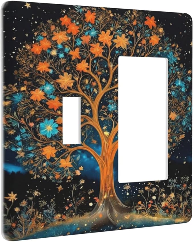 Magical Tree, Night Sky, Whimsical, Fantasy Art, Floral Tree, Blooming Flowers, Starry Background, Vibrant Colors, Blue And Orange Flowers