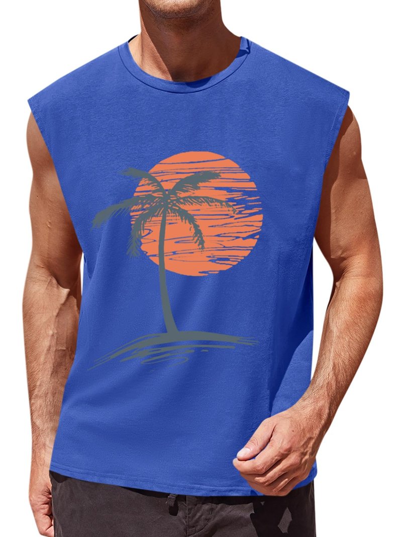 Runcati Mens Sleeveless Tank Tops Workout Gym Muscle Shirts Palm Tree Vintage Hawaiian Summer Beach T Shirts Blue