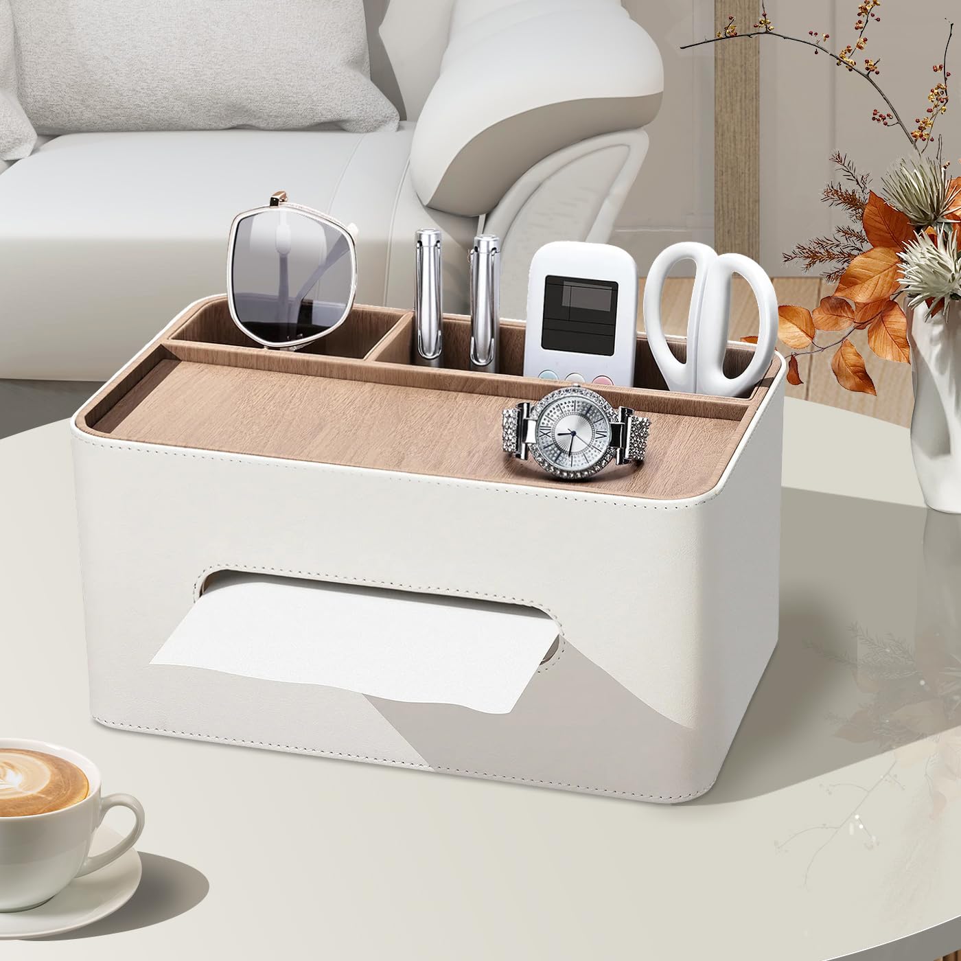 PU Leather Tissue Box Cover Rectangular with Storage Organizer, Multifunctional Remote Control Holder, Desk Organizer for Living Room, Bedroom, Office, Decorative Tissue Holder with Compartments Beige