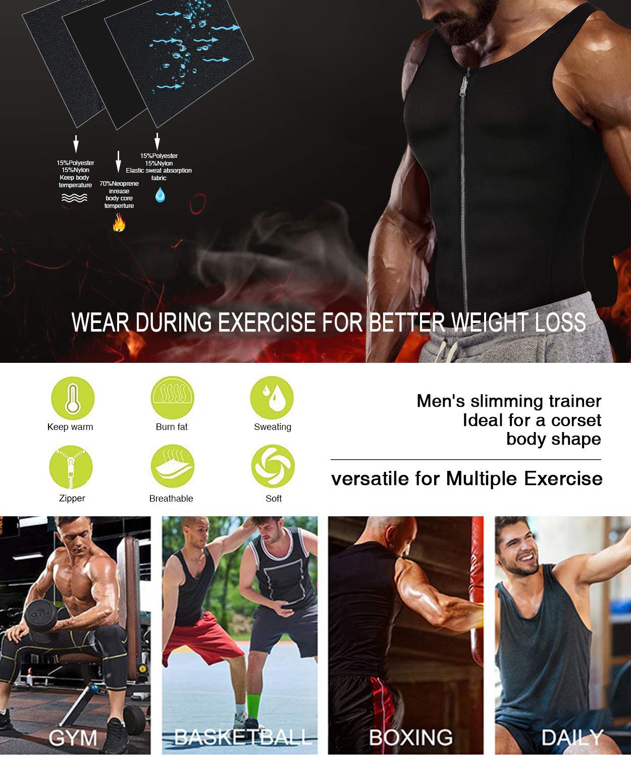 NonEcho Men Waist Trainer Vest Sweat Vest Hot Neoprene Zipper Sauna Girdle Tank Top Workout Shirt Shapewear Black