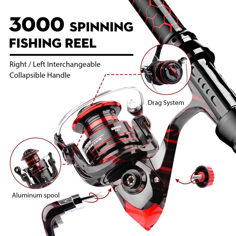 QudraKast Fishing Rod and Reel Combos - High Precision Machined Pattern Telescopic Fishing Pole and 12+1 Full Metal Ultra Smooth Spinning Reel Combos with Carrier Bag 1.8 M
