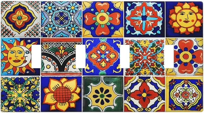 Traditional Colorful Talavera Mexican Spanish Moroccan Tiles Quad Gang Toggle Light Switch Cover 4-Gang Wall Plates Decorative Electrical Switchplate for Home Bedroom Art Decorate