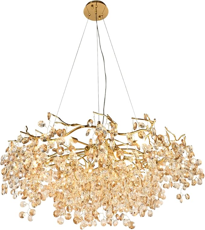 Modern Crystal Chandelier, Rectangular Gold Tree Branch Chandeliers, Luxury Raindrop Ceiling Light Fixture for High Ceiling, Dining Room, Kitchen, Office, Living Room