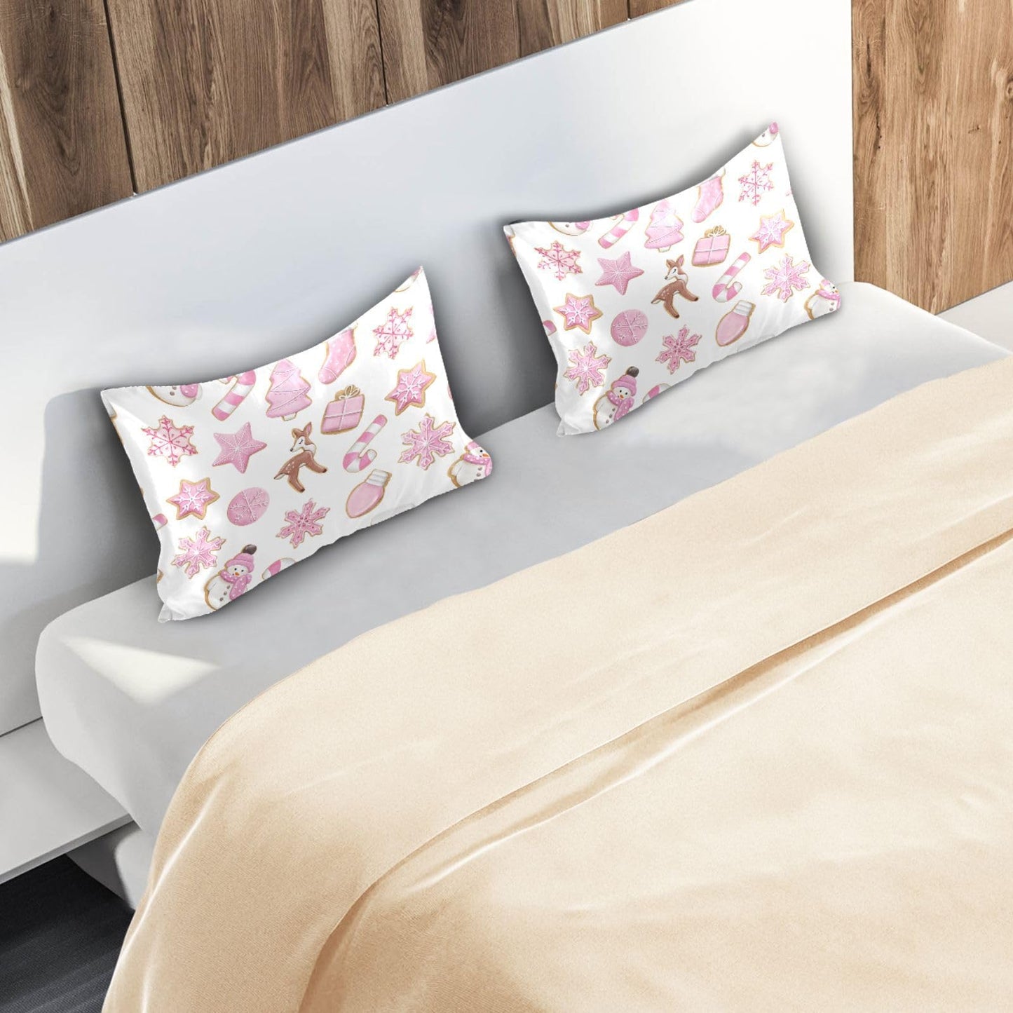 Dalzium Christmas Satin Pillowcase for Hair and Skin, Pink Gingerbread Cookies Silk Pillow Case Soft and Cozy Body Pillow Covers Standard Size with Envelope Closure