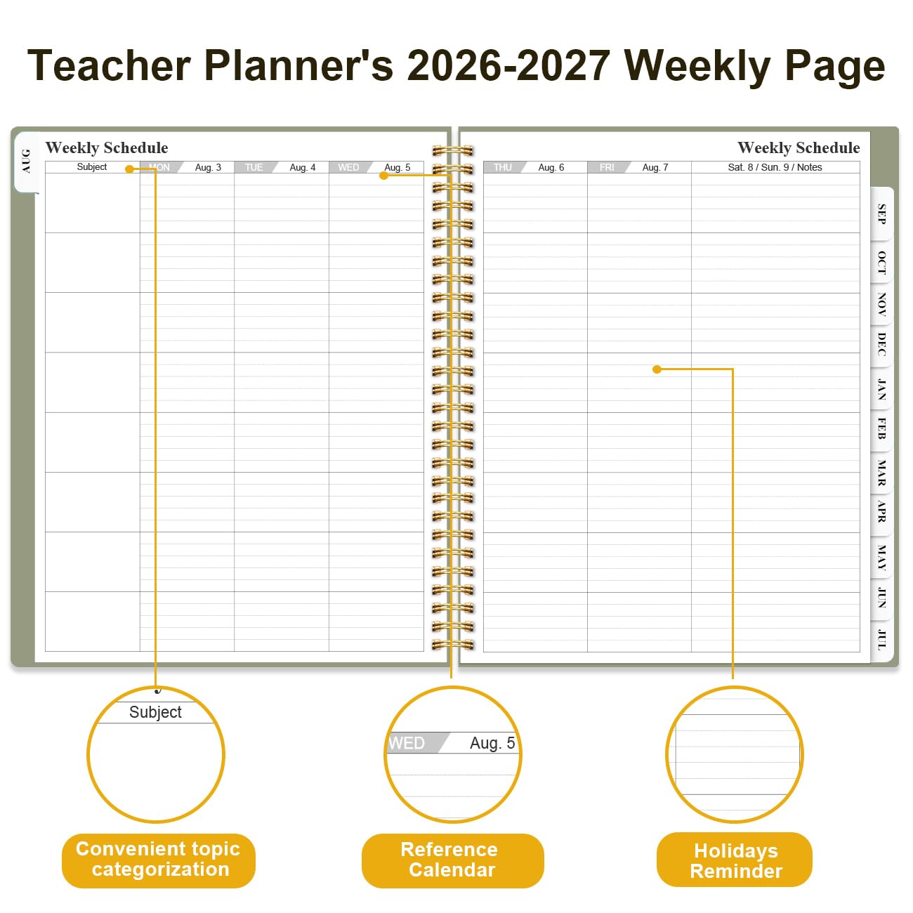 2026-2027 Teacher Planner, Lesson Planner from August 2026 - July 2027, Teacher Lesson Planner Book 2026-2027 for Teacher Class Schedule, Student Info & Weekly Planning, 8" x 10", Green