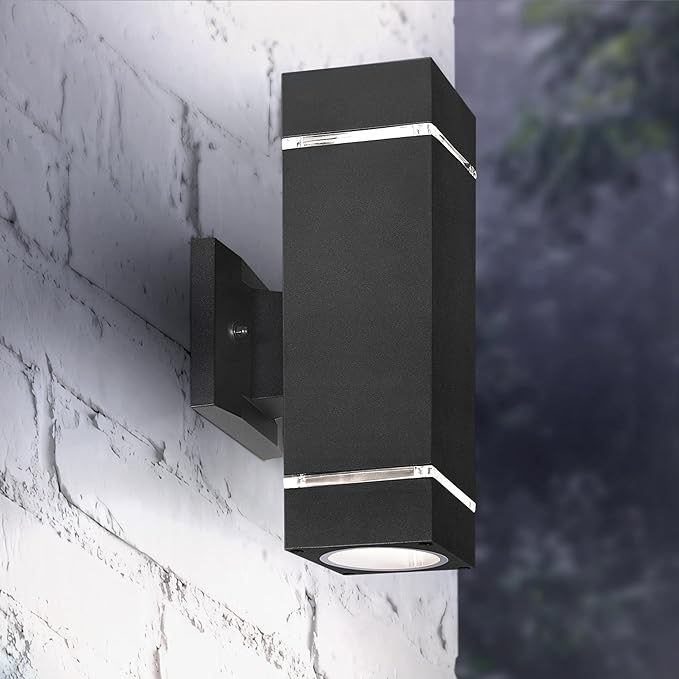 ASD 2 Light Square Outdoor Wall Light Fixture | 120W E26 Bulb Socket 120V ETL Cylinder Up Down Lights | LED/CFL/Incandescent Bulb Exterior Wall Sconce | Front Door, Porch Patio | Ringed Black, 6 Pack
