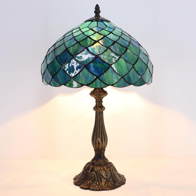 Tiffany Lamp Stained Glass Table Lamp Bedside Reading Light W12H19 Inches (Fishscale Style)