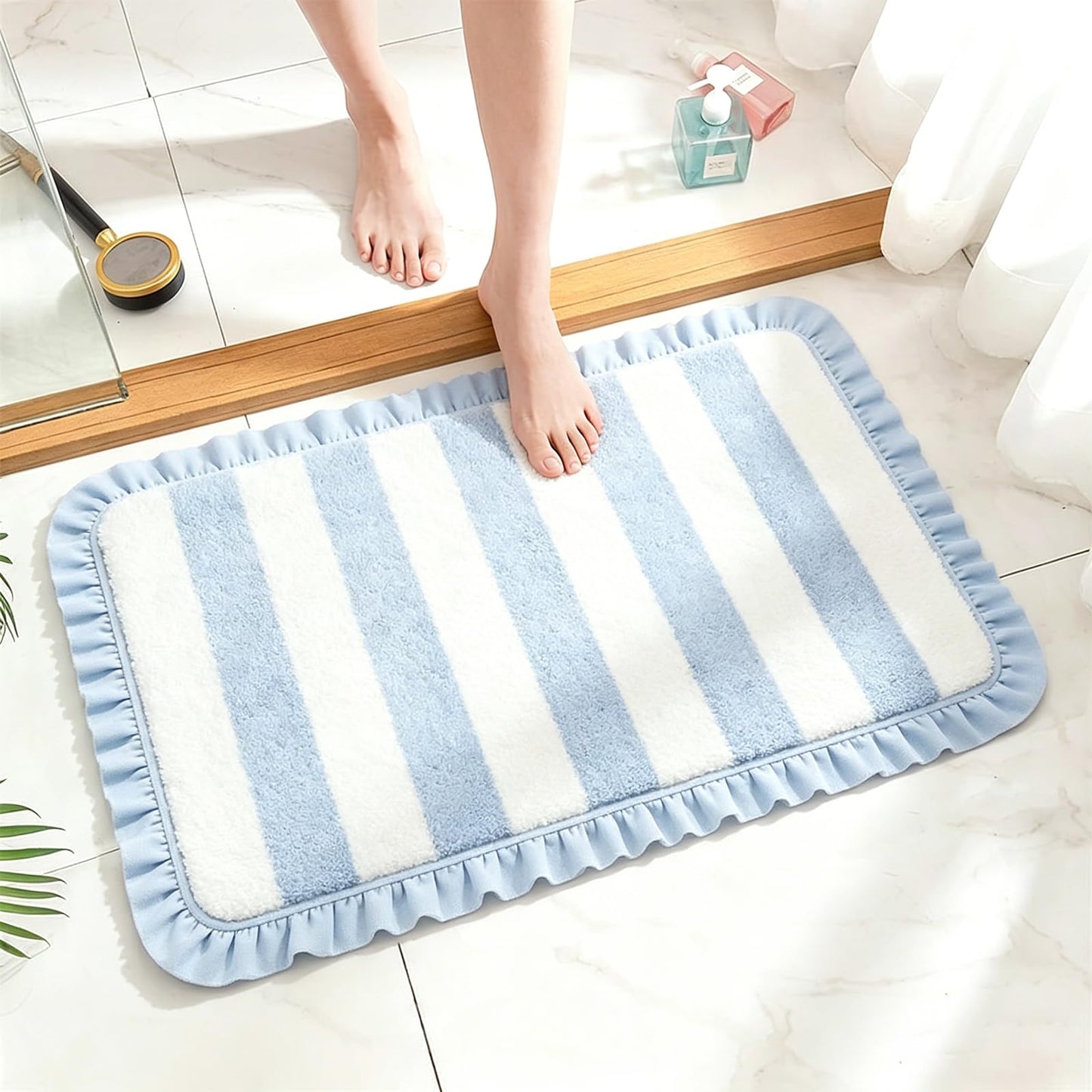 JarThenaAMCS Coastal Scalloped Striped Bath Mat with Ruffled Edges 20 x 32'' Blue White Bathroom Rug Cute Microfiber Aesthetic Bath Mat Non Slip Washable Absorbent Ocean Room Decor for Summer Gift