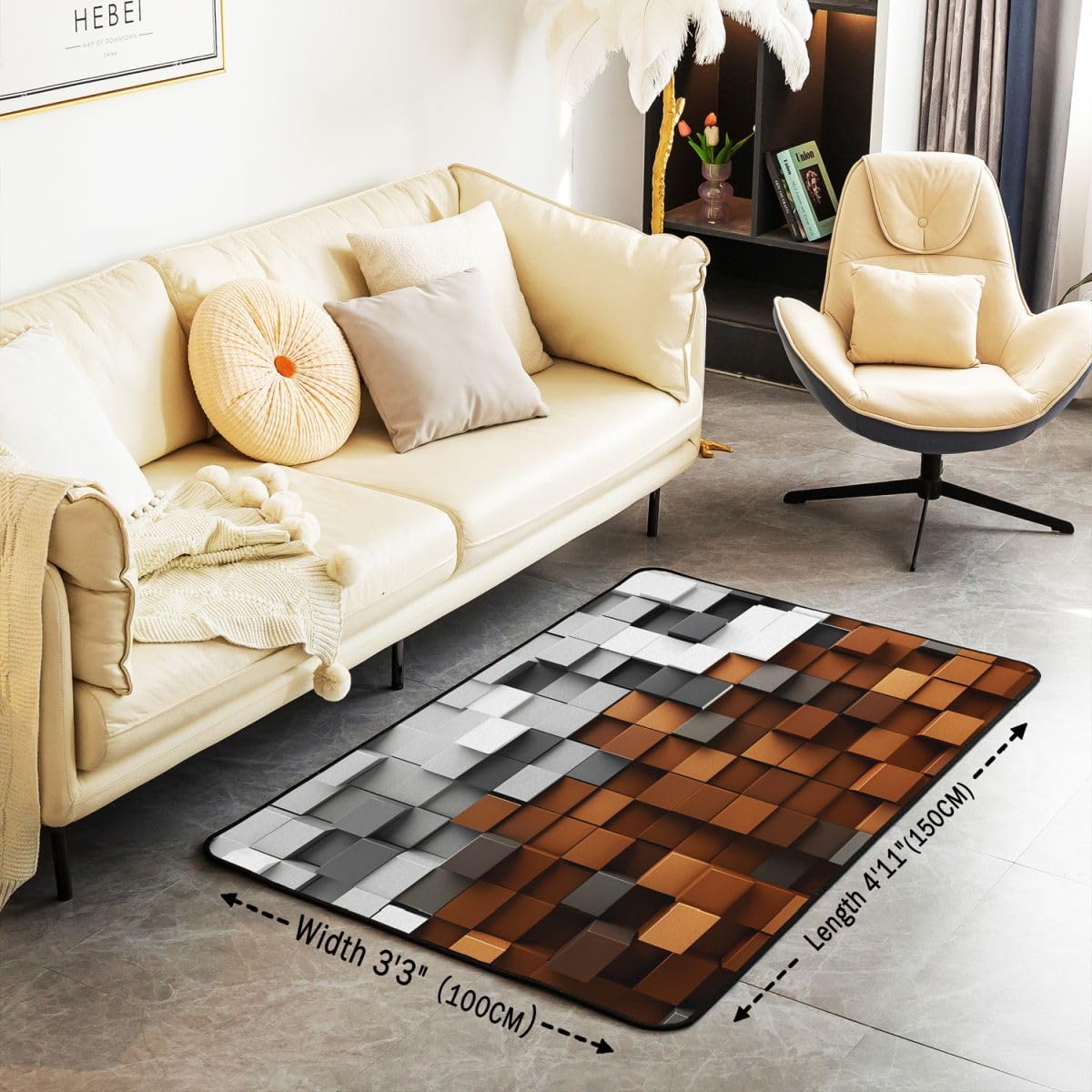 Pixelated Brown Gray Area Rug 3x5 Kids,Geometric Check Video Games Indoor Floor Mat for Boys Girls Teens,Gamepad Grid Decor Carpet Breathable Soft Microfiber Living Room Rugs for Bedroom Room Decor