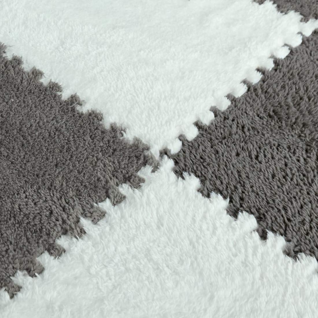 Smabee Interlocking Carpet Shaggy Soft EVA Foam Mats Fluffy Area Rugs Protective Floor Tiles Exercise Play Mat for Children Kids Room Home Parlor Bedroom (6 pcs White + 6pcs Gray)