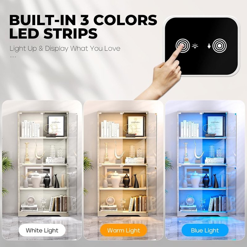Display Cabinet - 4-Tier Curio Cabinet with Glass Doors & 3 Color Lights | Gray Storage Case for Collectibles