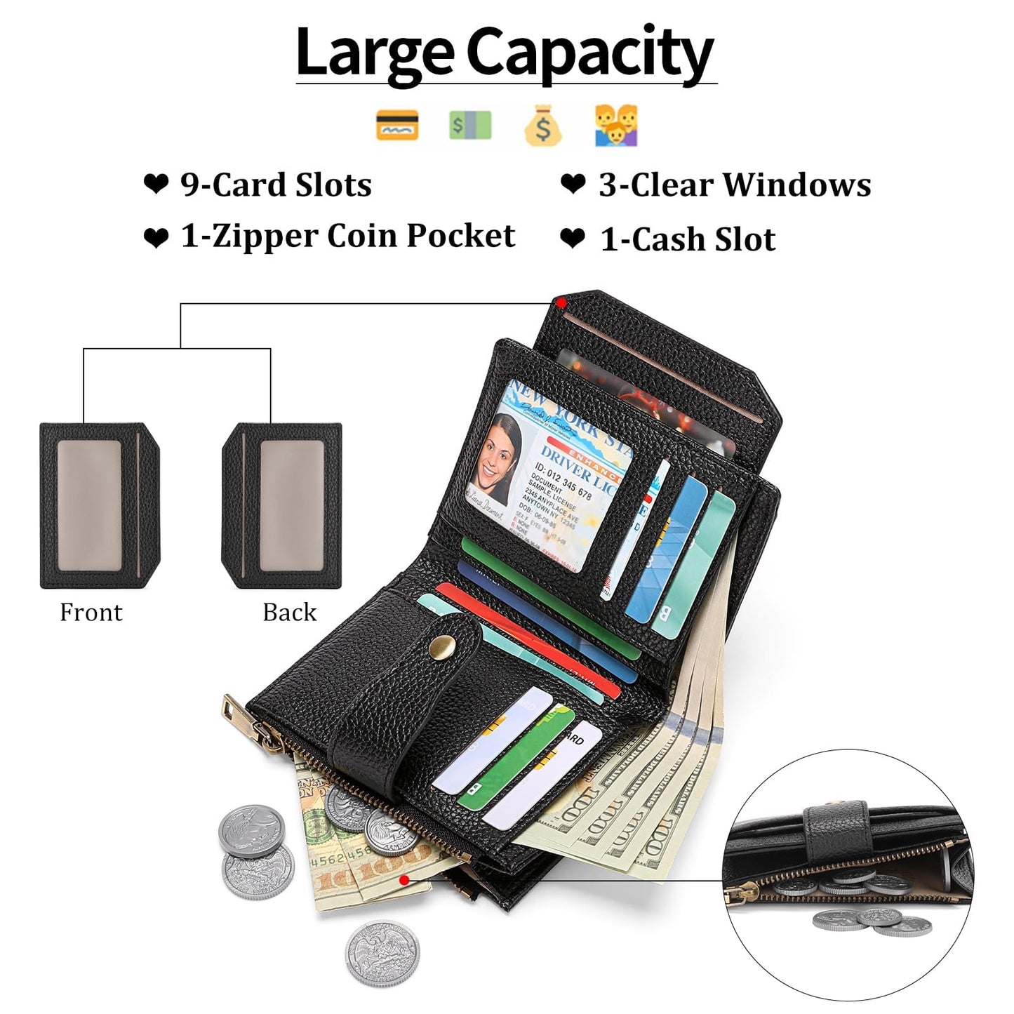 GAEKEAO Small Wallets Woman RFID Blocking Leather Bifold Card Holder Wallets with Zipper Pocket Removable ID Window