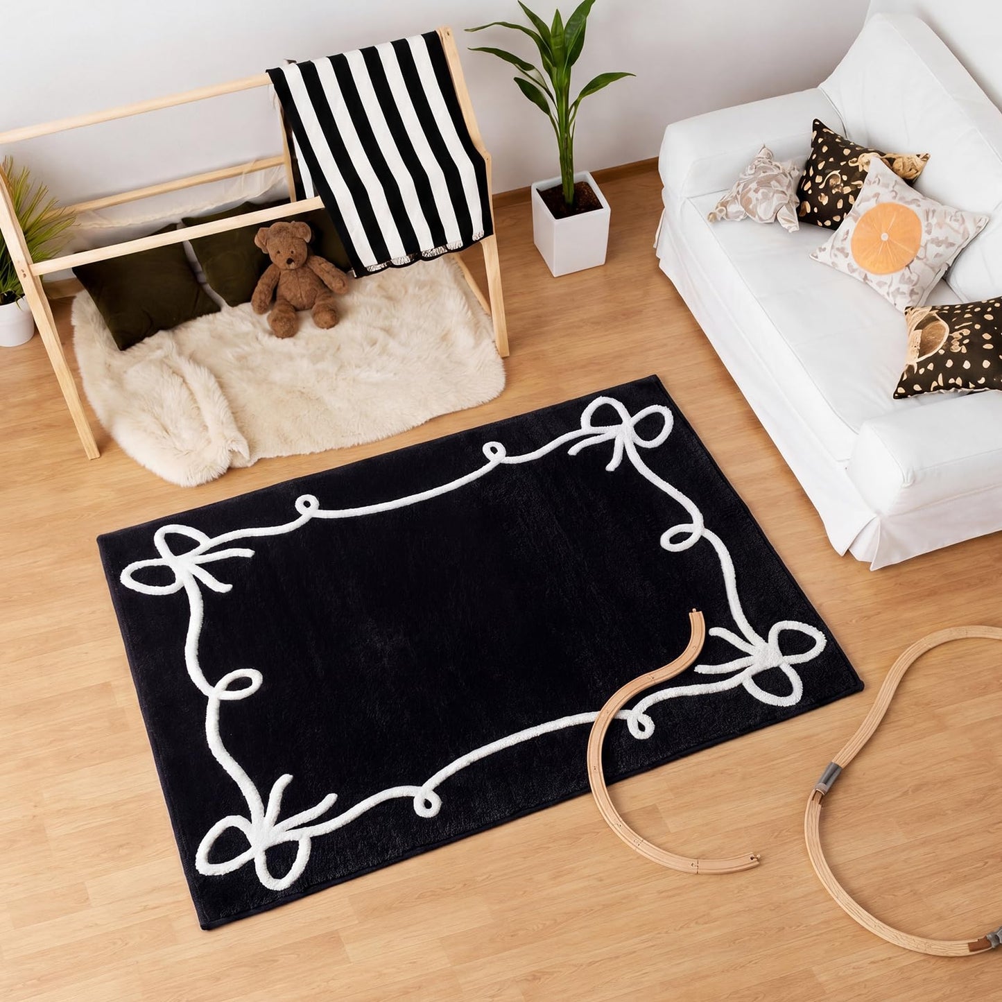 Dunzy Black Bow Classroom Rug 3.3 x 4 Ft Back to School Classroom Decor Soft Washable Bow Rug with Non Slip Backing for Teaching Playroom Reading Corner Library Supply