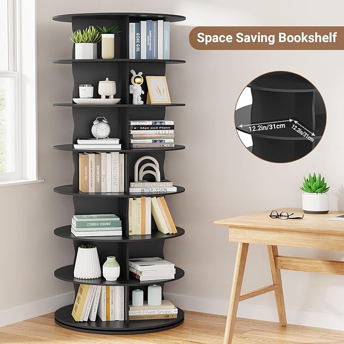 7-Tier Rotating Standing Shelf Unit with Dividers, 360° Storage Display Tower Vertical Floor Organizer, for Bedroom, Closet, Entryway & Office, Ideal for Shoes, Cosmetics & Handbags, Black