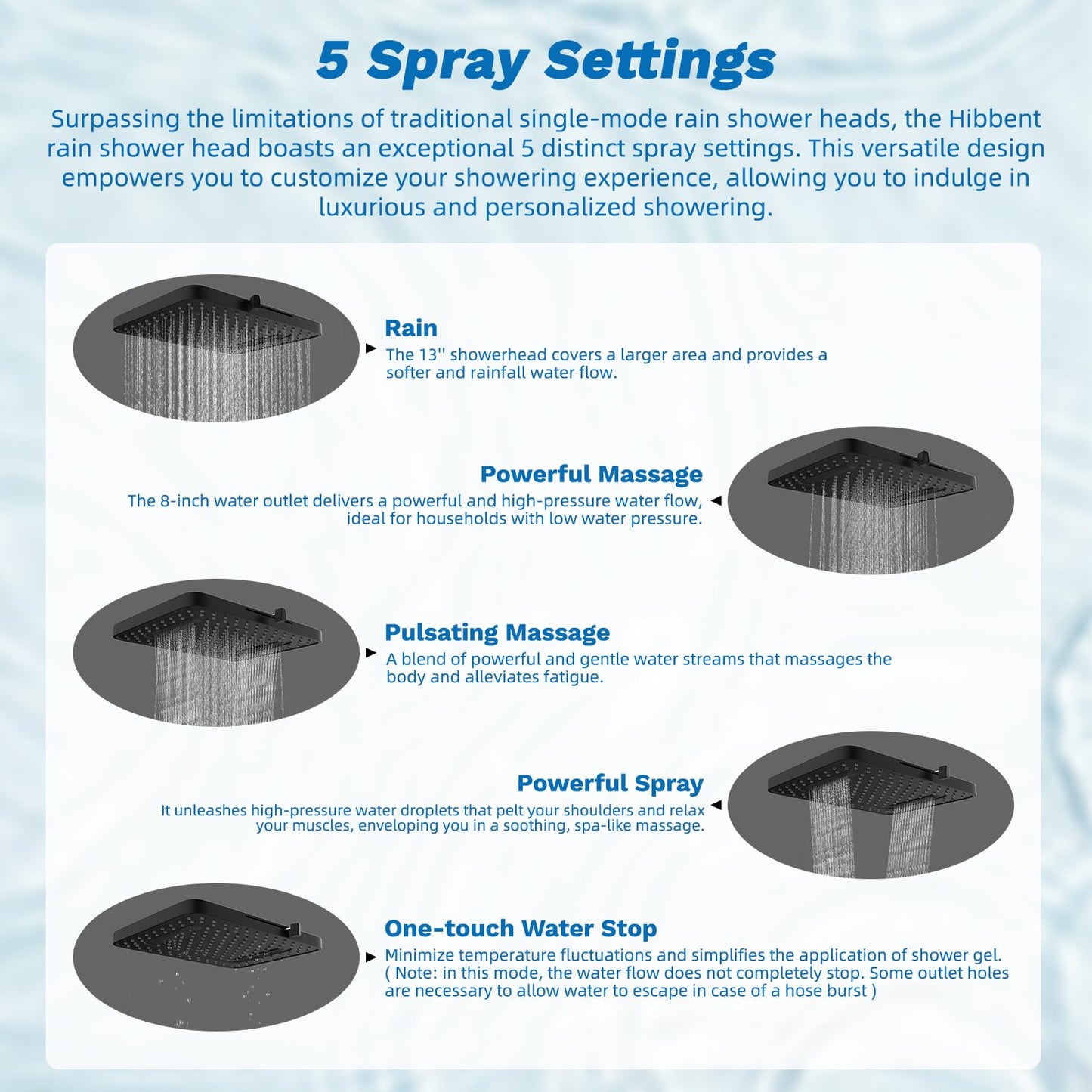 Hibbent 5-spray Dual Filtered Rainfall Shower Head Combo, High Pressure 13'' Showerhead with 10 Spray Mode Handheld, Easy Reach 4-way Diverter Shower Arm with Pause Mode, 71'' Hose and Holder, Black