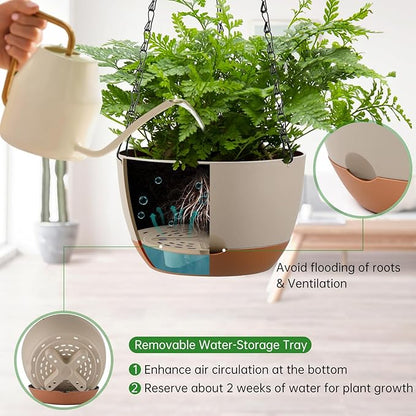 Set of 2 8 Inch Self Watering Hanging Planters for Indoor Outdoor Plants, Color Blocking Hanging Baskets Flower Pots with Drainage Hole & Removable Water-Storage Tray and 20" Chain Hanger
