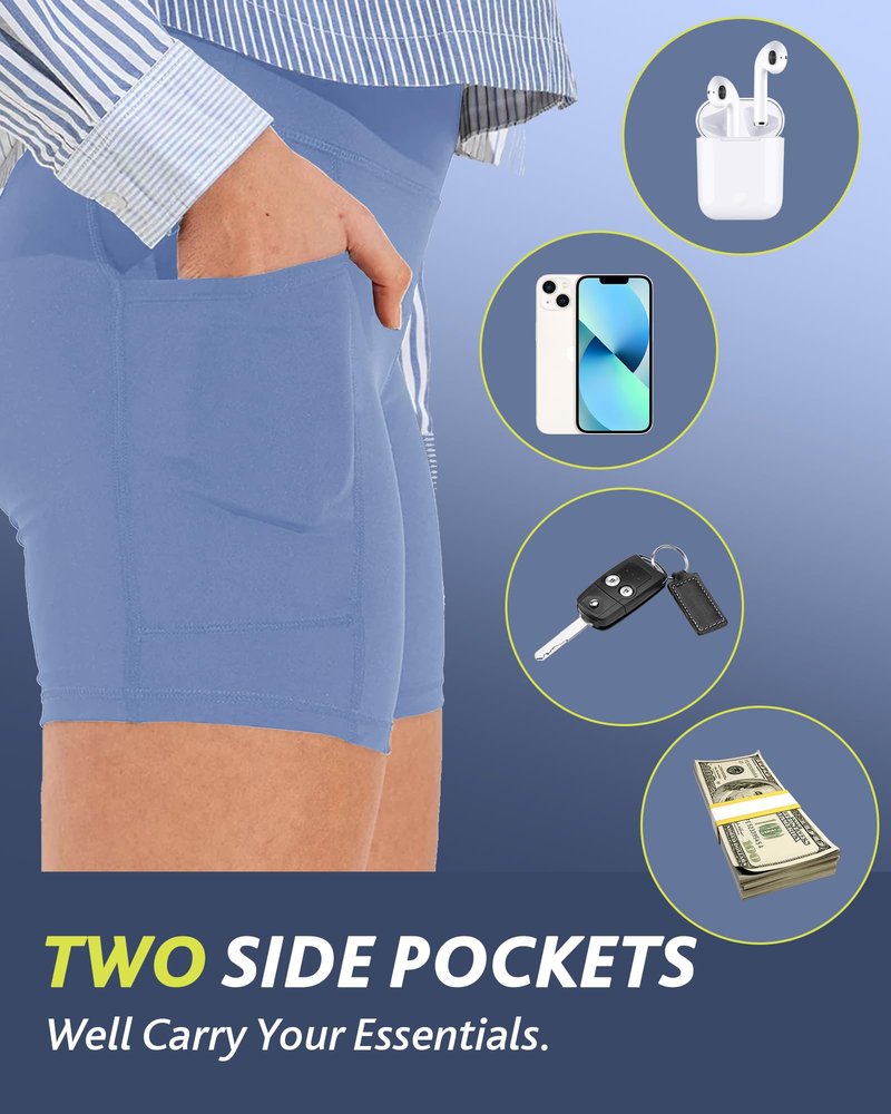 CAMPSNAIL Biker Shorts Women with Pockets - 3"/5"/8" High Waisted Workout Spandex Tummy Control Gym Running Yoga Shorts Light Blue