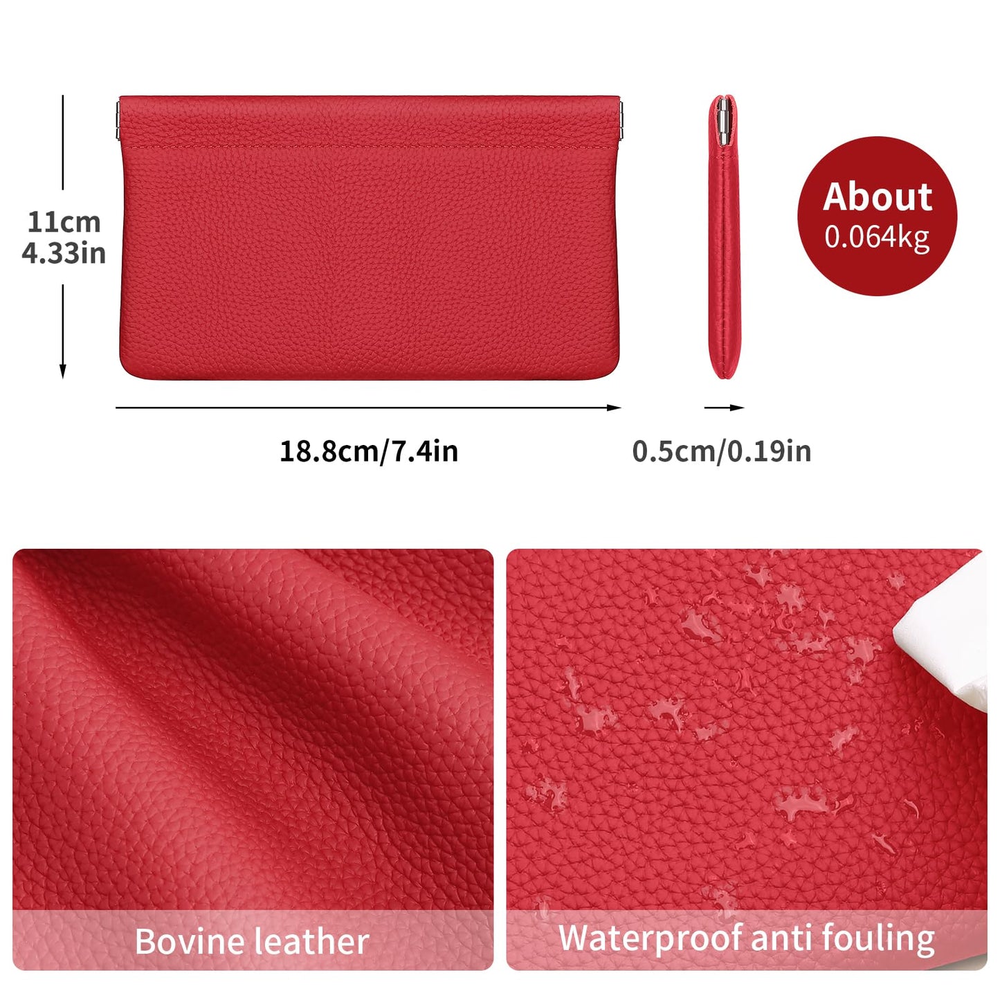 Genuine Leather Pocket Cosmetic Bag for Purse,Coin Purse Lipstick Cosmetic Accessories Travel Pouch for Storage Waterproof Portable No Zipper Self-closing Small Makeup Pouch (Red)