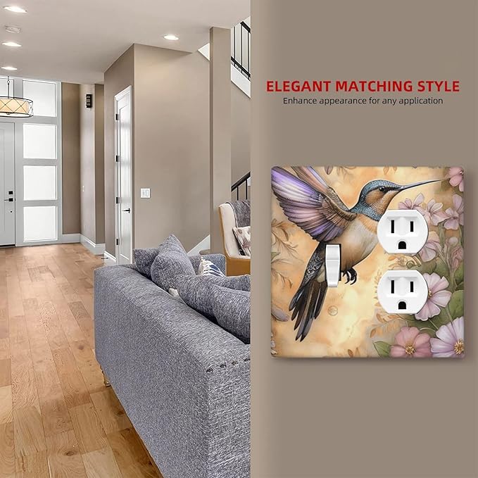 Decorative Art Light Switch Covers Blossom & Hummingbird 2 Gang Single Toggle Duplex Combination Electrical Faceplate Switchplate Wall Plate for Home Decor