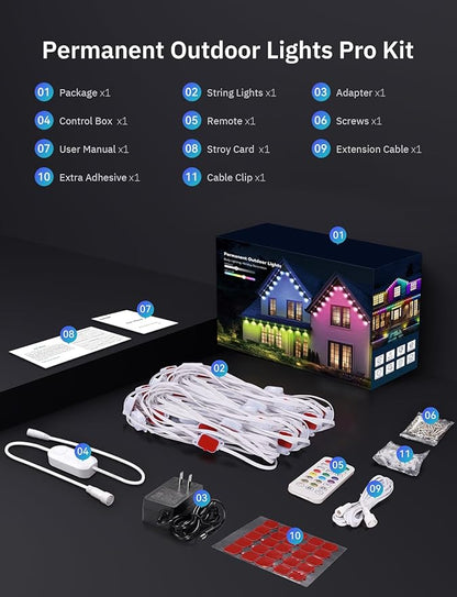 Permanent Outdoor Lights Pro, Smart LED Christmas Eaves Light 50ft with 25 IC+RGBCW LED Lights for House, IP67 Waterproof, for Halloween Xmas Decor, APP/Remote Control