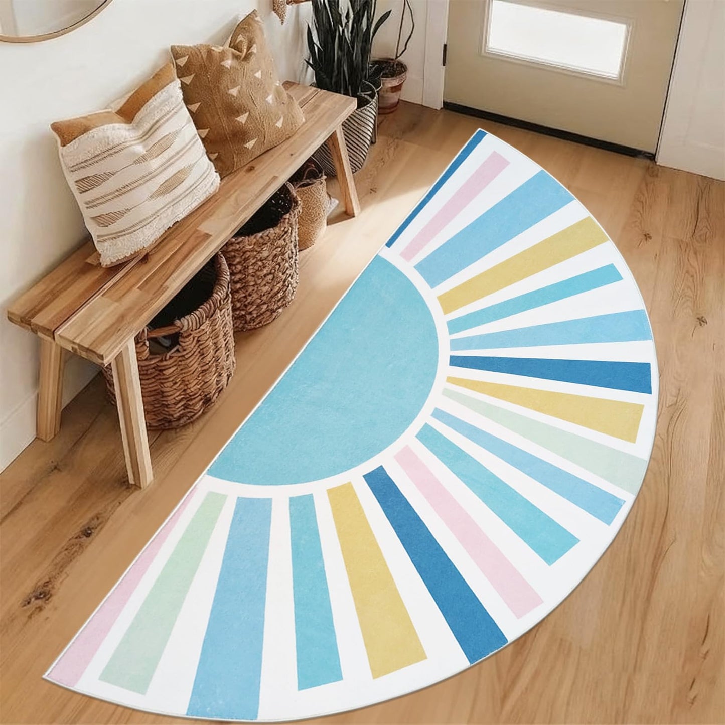Lacomfy Half Circle Boho Sun Rug 3x6Ft Half Round Kids Play Mat for Bedroom Playroom, Semicircle Carpet for Boys Girls Nursery Mat Classroom Living Room Decor, Half Moon Doormat, Blue