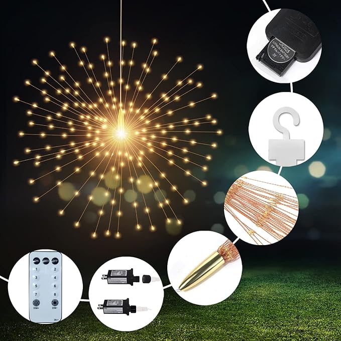 4 Pack 800 LED Plug in Starburst Sphere Lights,Firework Light 8 Modes Dimmable Remote Control,Waterproof Copper Wire Hanging Fairy Lights for Patio Parties Tent Christmas (Warm White)